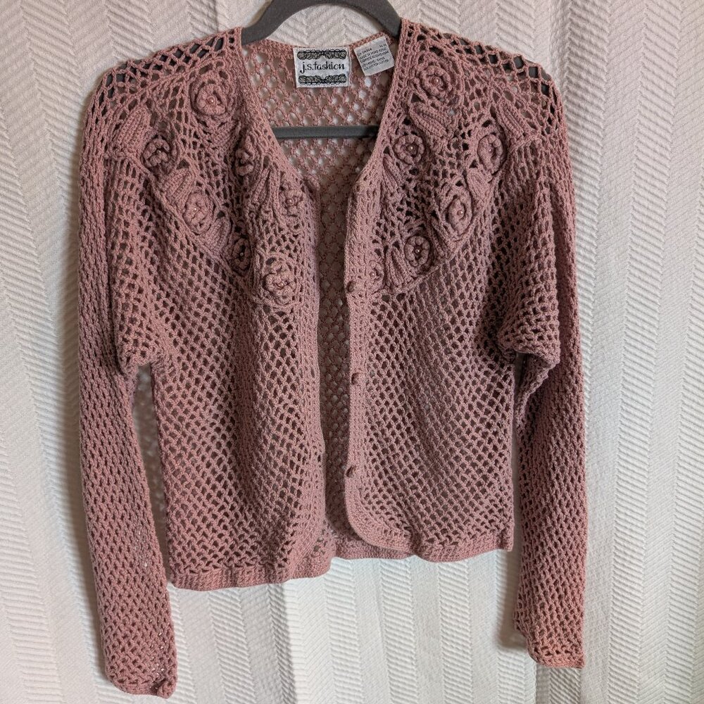 Vintage Pink Crochet Floral pearl Cardigan Sweater Cottagecore Grandma Soft
